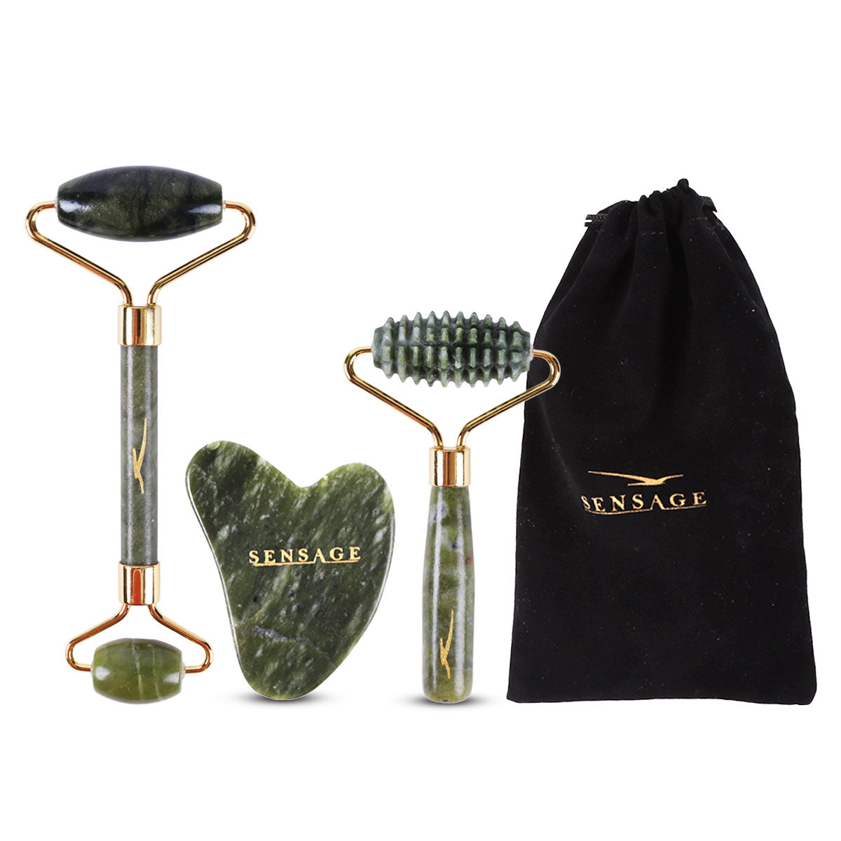 Jade roller en gua sha set van Sensage. Guasha en jade roller komen in velvet bewaartasje. 